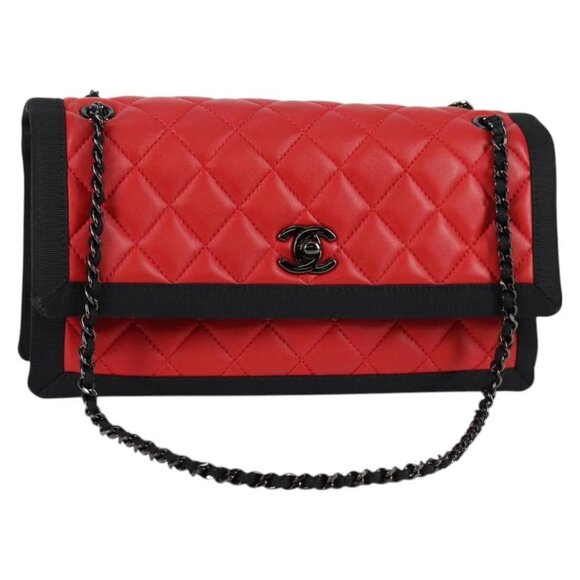 CHANEL Matelasse Chain Shoulder Bag Lamb Skin Red CC Auth 126061M - Picture 1 of 16
